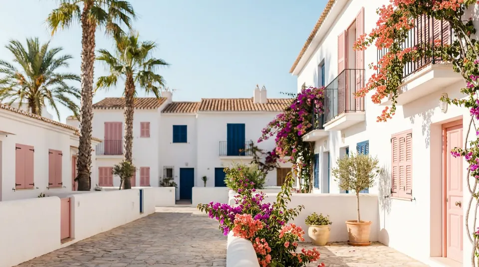 Urbanización de bungalós y bloques bajos de apartamentos con persianas enrollables