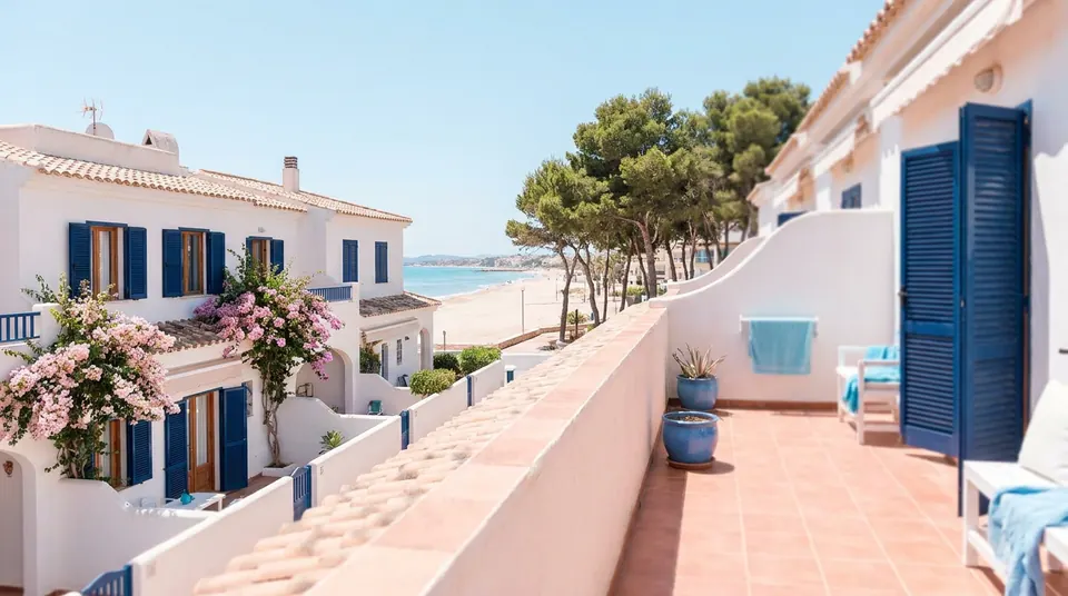 Edificios bajos de apartamentos con persianas junto a una playa larga de arena