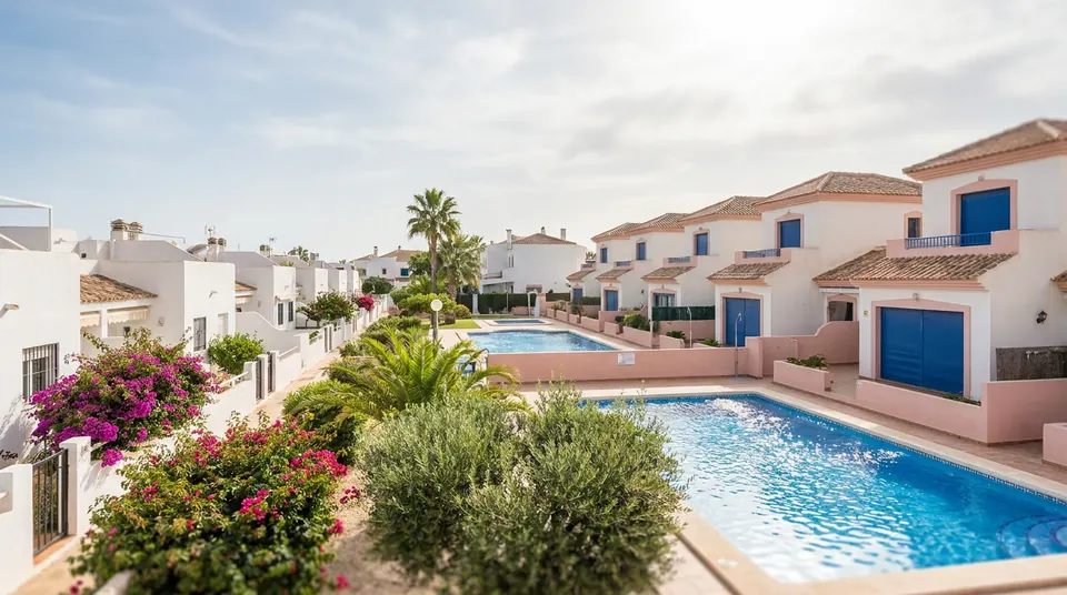 Bungalós y chalés con persianas alrededor de una piscina comunitaria