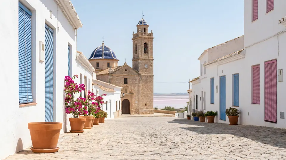 Casas blancas con persianas y una iglesia en un pueblo de interior, con una laguna rosada al fondo