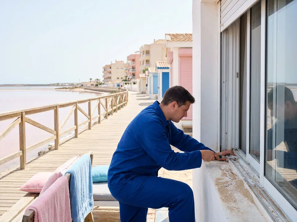 Persianero limpiando la arena acumulada en la guía de la persiana de una terraza junto al mar